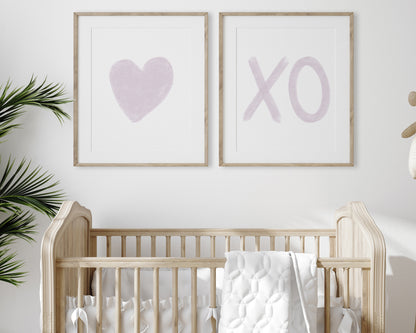 Lilac Heart and XO Printable Wall Art Set of 2, Digital Download