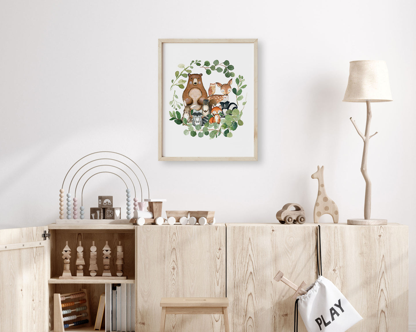 Watercolor Forest Animals Greenery Wreath Printable Wall Art, Digital Download