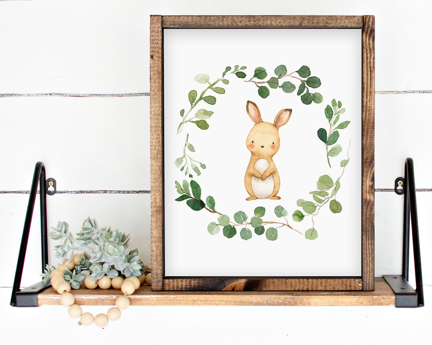Watercolor Bunny Rabbit Greenery Wreath Printable Wall Art, Digital Download