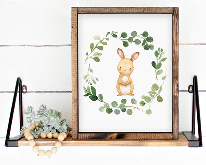 Watercolor Bunny Rabbit Greenery Wreath Printable Wall Art, Digital Download