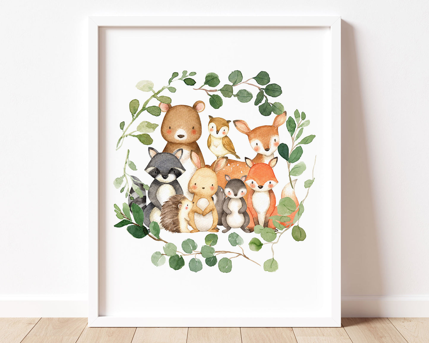 Watercolor Woodland Animals in Greenery Eucalyptus Wreath Printable Wall Art perfect for Baby Girl or Baby Boy Forest Animal Nursery Decor.
