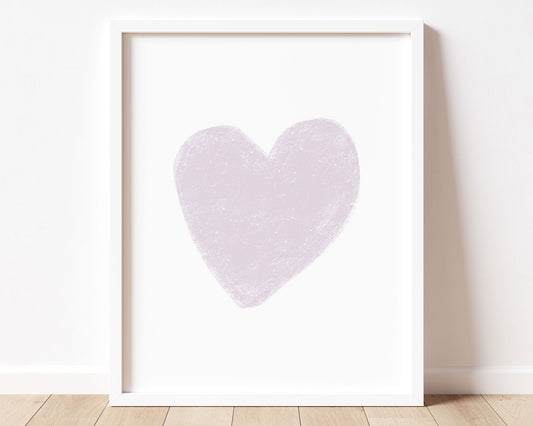 Soft pastel purple, lavender, lilac heart in chalky brushstroke illlustration style perfect for Baby Nursery Décor, Little Boys Bedroom Wall Art, Toddler Girls Room Wall Hangings, Kiddos Bathroom Wall Art and Childrens Playroom Décor.
