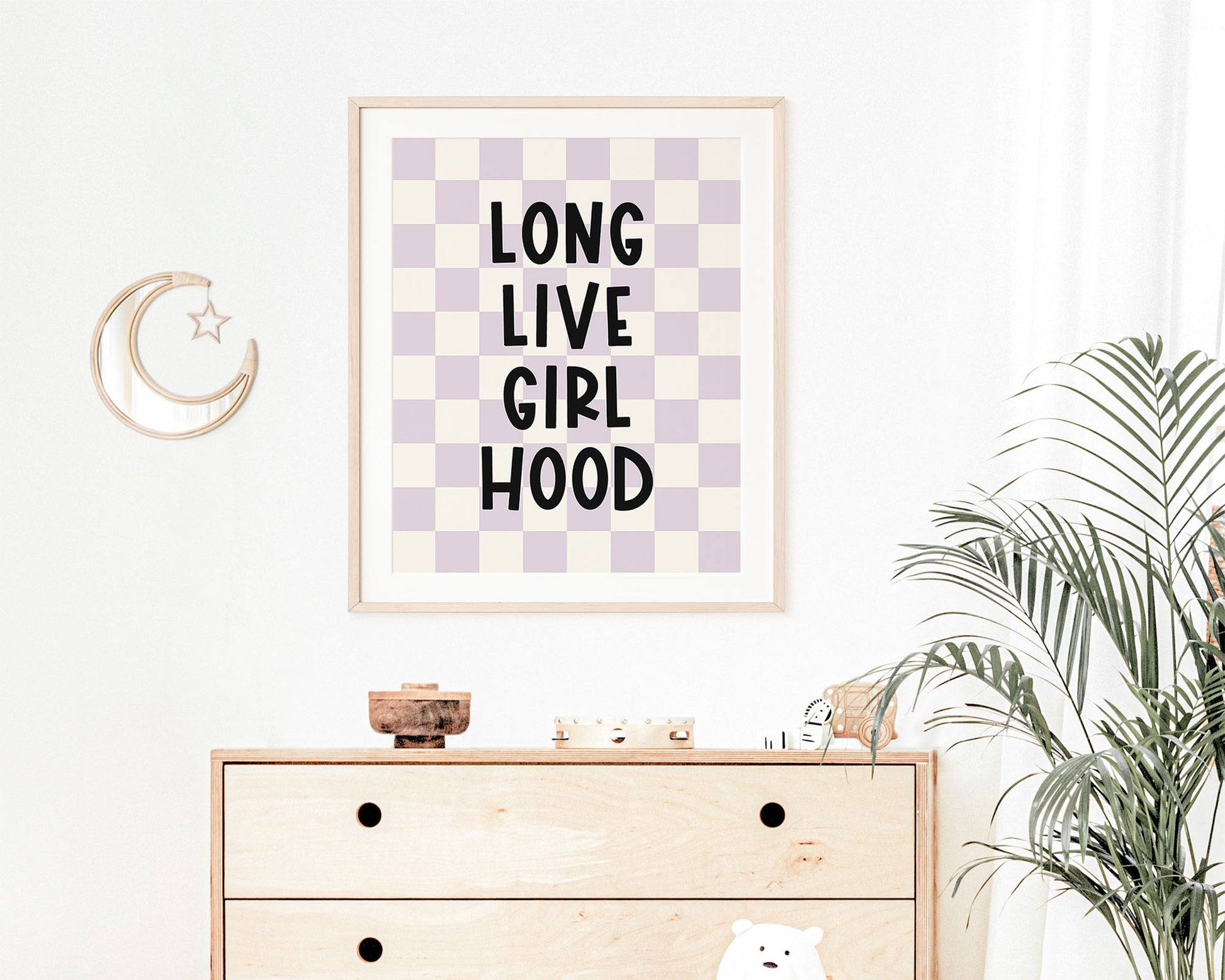 Long Live Girl Hood Instant Download Digital File featuring fun kids lettering in black on a lilac / soft pastel purple and off white checkered background. Perfect for Baby Girls Nursery Decor, Toddler Girls Bedroom Decor or Little Girls Playroom Wall Art.