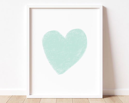 Mint green heart in chalky brushstroke illlustration style perfect for Baby Nursery Décor, Little Boys Bedroom Wall Art, Toddler Girls Room Wall Hangings, Kiddos Bathroom Wall Art and Childrens Playroom Décor.