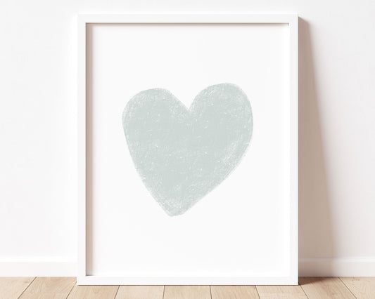 Muted pastel blue heart in chalky brushstroke illlustration style perfect for Baby Nursery Décor, Little Boys Bedroom Wall Art, Toddler Girls Room Wall Hangings, Kiddos Bathroom Wall Art and Childrens Playroom Décor.