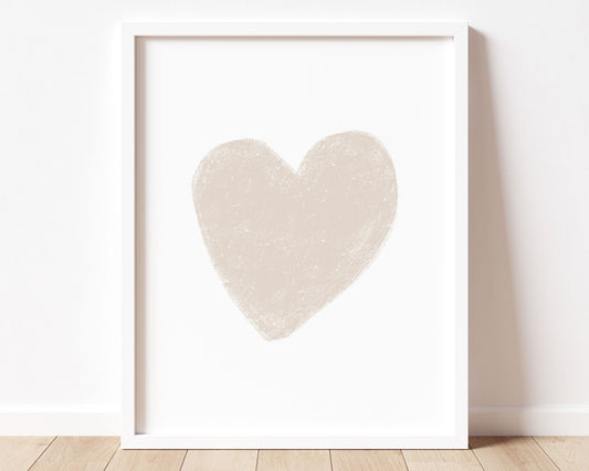 Neutral tan heart in chalky brushstroke illlustration style perfect for Baby Nursery Décor, Little Boys Bedroom Wall Art, Toddler Girls Room Wall Hangings, Kiddos Bathroom Wall Art and Childrens Playroom Décor.