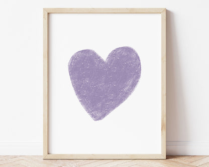 Purple heart in chalky brushstroke illlustration style perfect for Baby Nursery Décor, Little Boys Bedroom Wall Art, Toddler Girls Room Wall Hangings, Kiddos Bathroom Wall Art and Childrens Playroom Décor.