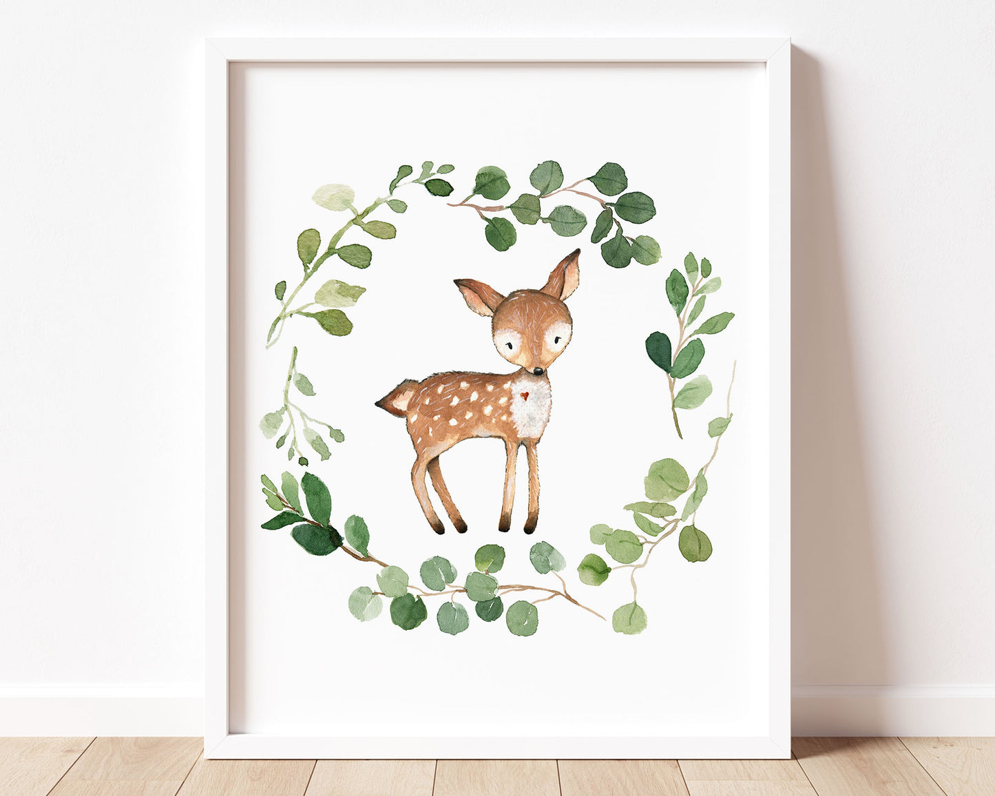 Watercolor Greenery Wreath Deer Printable Wall Art, Digital Download