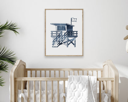 Watercolor Surf Themed Printable Wall Art featuring deep dark navy blue watercolor illustration of a Lifeguard Stand. Perfect for Baby Boy Surf Nursery Decor, Baby Girl Surf Nursery Wall Art, Kids Coastal Bedroom Decor or Children's Beach Bathroom Wall Art or California Wall Art Playroom Decor.