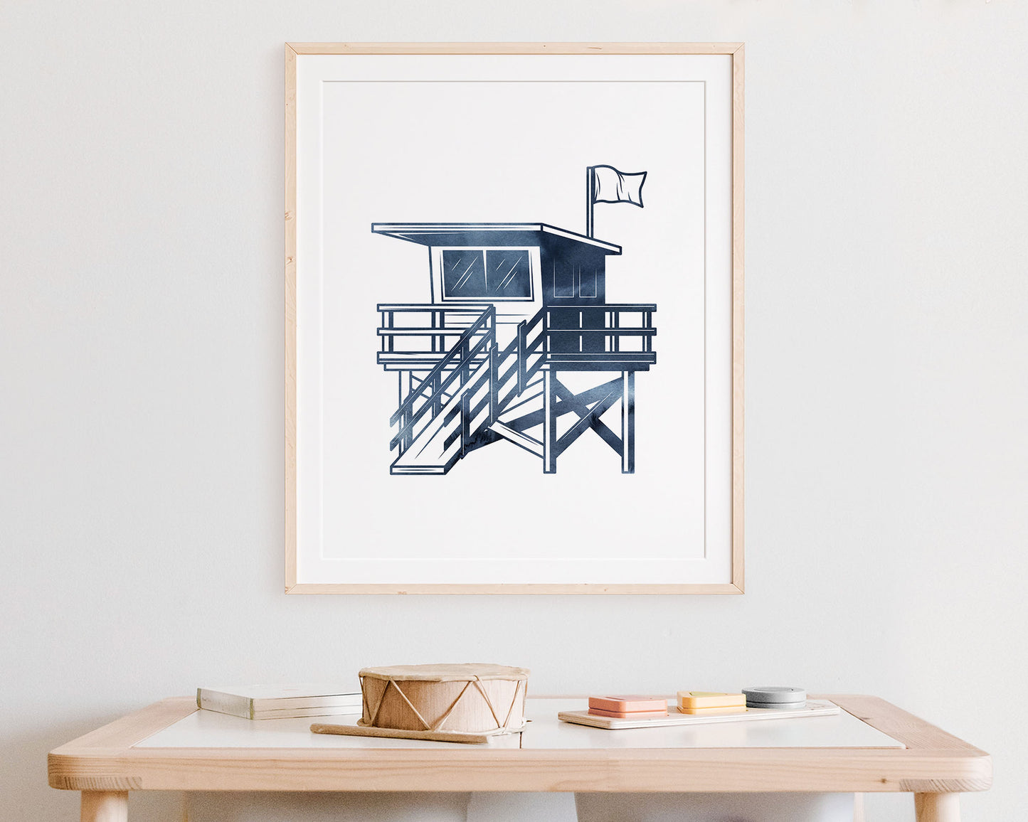 Watercolor Surf Themed Printable Wall Art featuring deep dark navy blue watercolor illustration of a Lifeguard Stand. Perfect for Baby Boy Surf Nursery Decor, Baby Girl Surf Nursery Wall Art, Kids Coastal Bedroom Decor or Children's Beach Bathroom Wall Art or California Wall Art Playroom Decor.