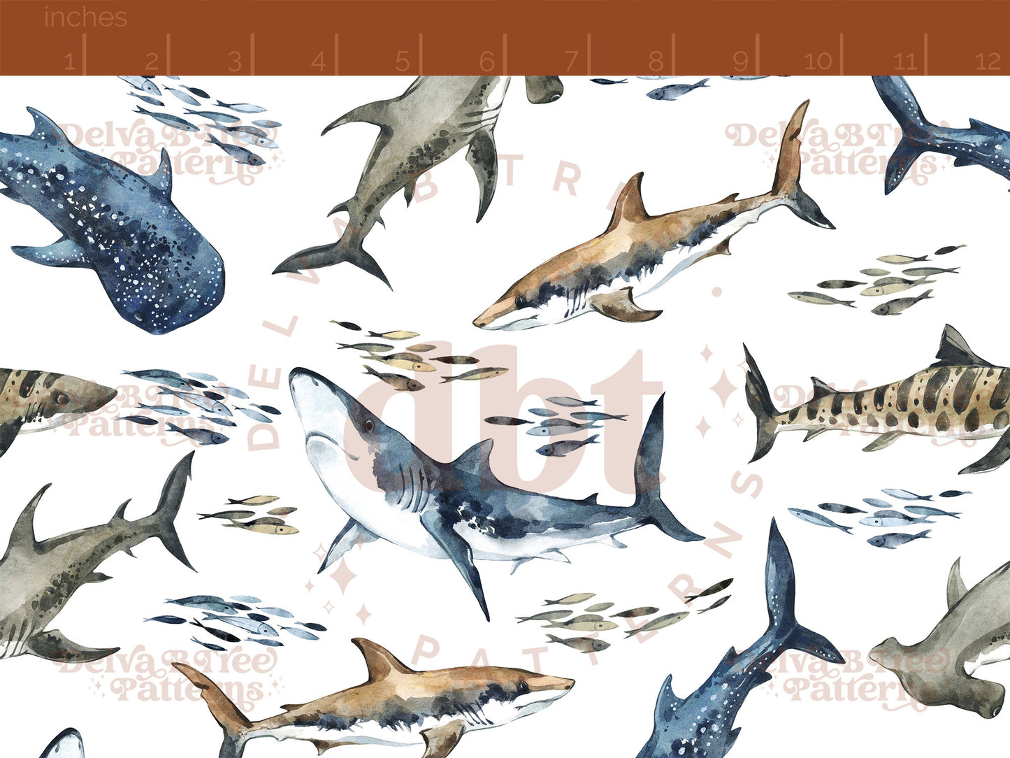 Watercolor Shark and Fish Seamless Pattern