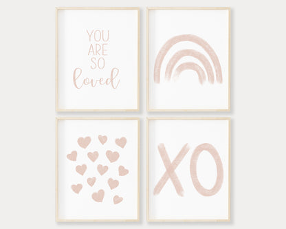 Blush pink You Are So Loved, Rainbow, Hearts and XO in chalky brushstroke illlustration style perfect for Baby Nursery Décor, Little Boys Bedroom Wall Art, Toddler Girls Room Wall Hangings, Kiddos Bathroom Wall Art and Childrens Playroom Décor.