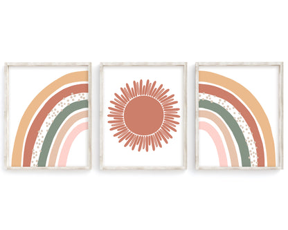 Earth Tone Split Rainbow and Terracotta Sun Printable Wall Art Set of 3, Digital Download