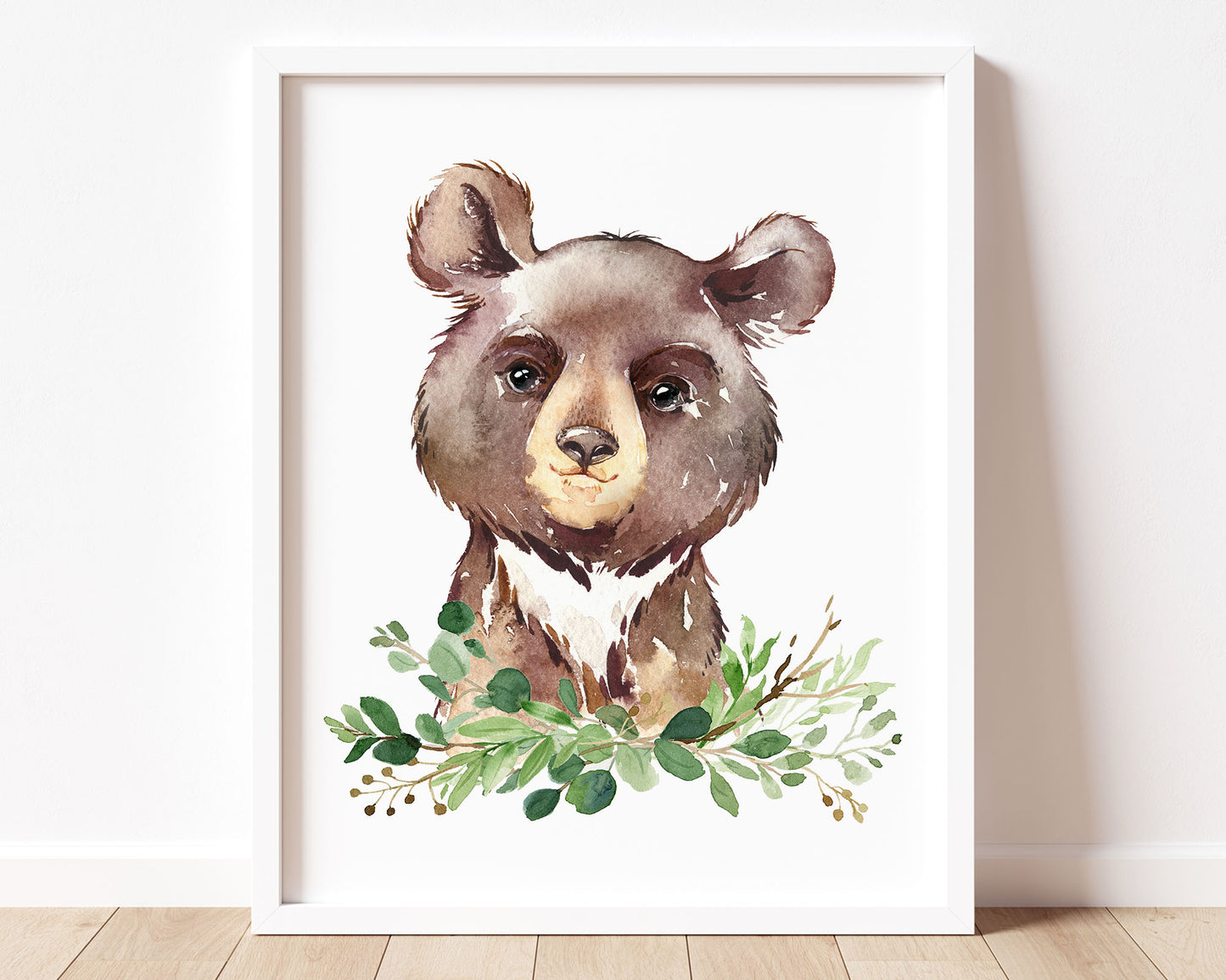 Watercolor Bear Woodland Greenery Printable Wall Art, Digital Download