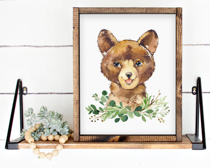 Watercolor Bear Greenery Woodland Printable Wall Art, Digital Download