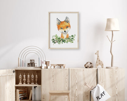 Watercolor Fox Woodland Greenery Printable Wall Art, Digital Download