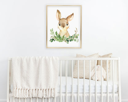 Watercolor Bunny Rabbit Woodland Greenery Printable Wall Art, Digital Download