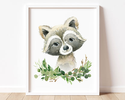 Watercolor Raccoon Woodland Greenery Printable Wall Art, Digital Download
