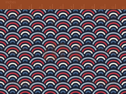 Small red, vintage off white and blue patriotic summer rainbows on a navy blue background seamless pattern scale digital file for small shops that make handmade products in small batches.