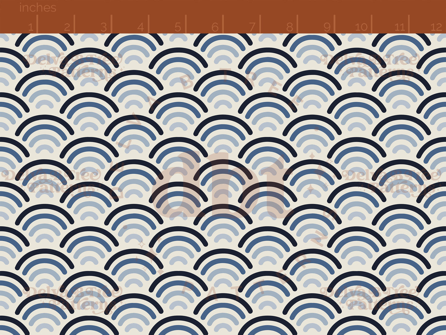 Small blue patriotic summer rainbows on an alabaster / vintage off white background seamless pattern scale digital file for small shops that make handmade products in small batches.