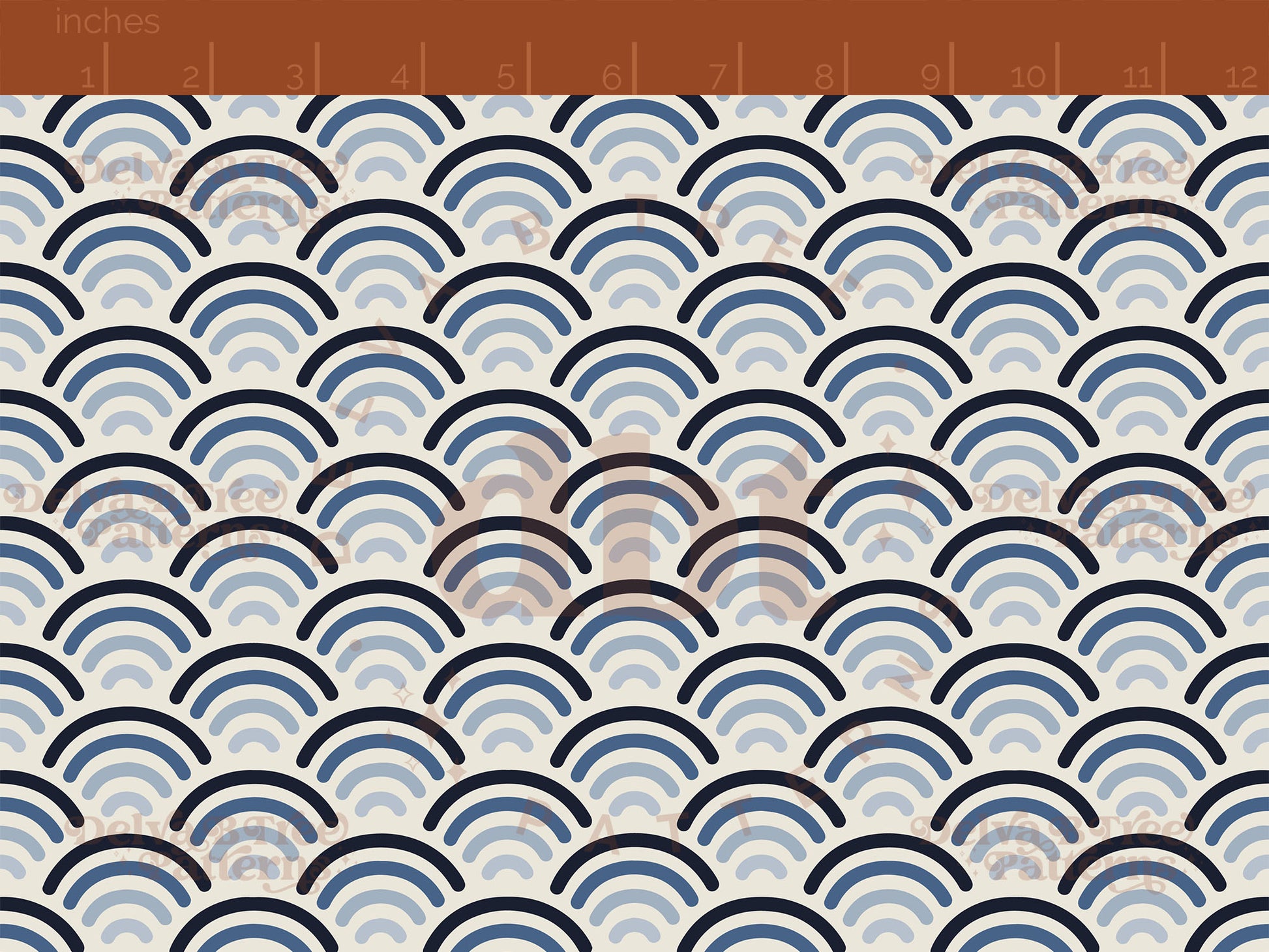 Small blue patriotic summer rainbows on an alabaster / vintage off white background seamless pattern scale digital file for small shops that make handmade products in small batches.