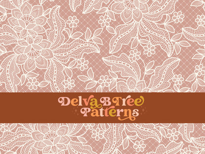 Off white flowers, leaves and faux lace netting on a dusty rose background seamless file for fabric printing. Dainty, delicate, feminine, romantic Floral Repeat Pattern for textiles, polymailers, baby girl lovey blankets, nursery crib bedding, kids clothing, girls hair accessories, home decor accents, pet products.