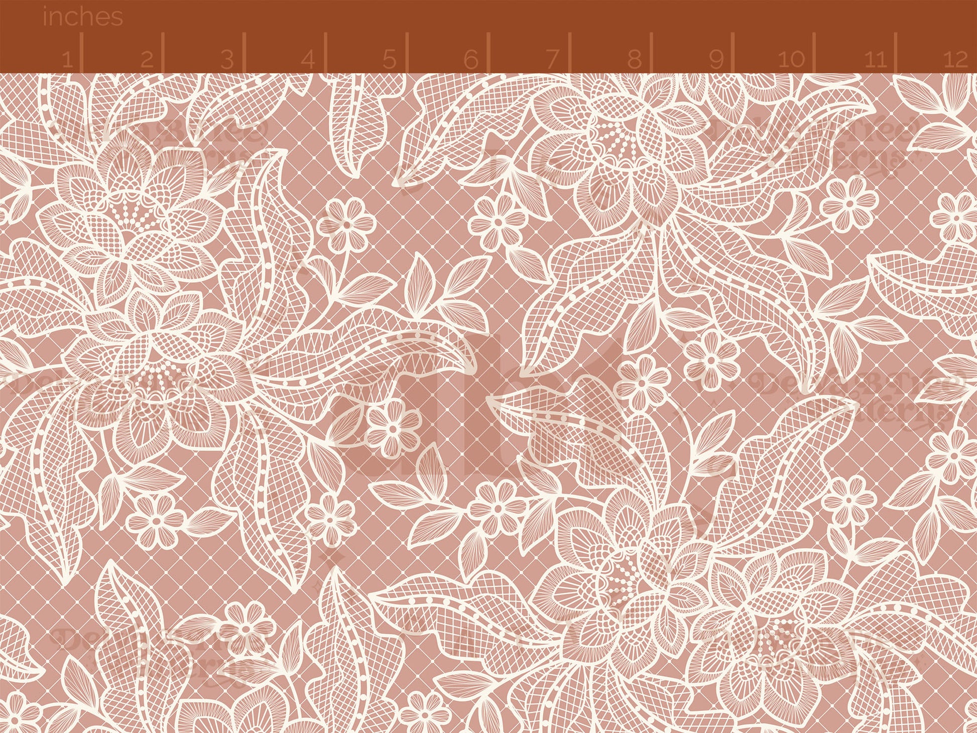 Off white flowers, leaves and faux lace netting on a dusty rose background seamless pattern scale digital file for small shops that make handmade products in small batches.