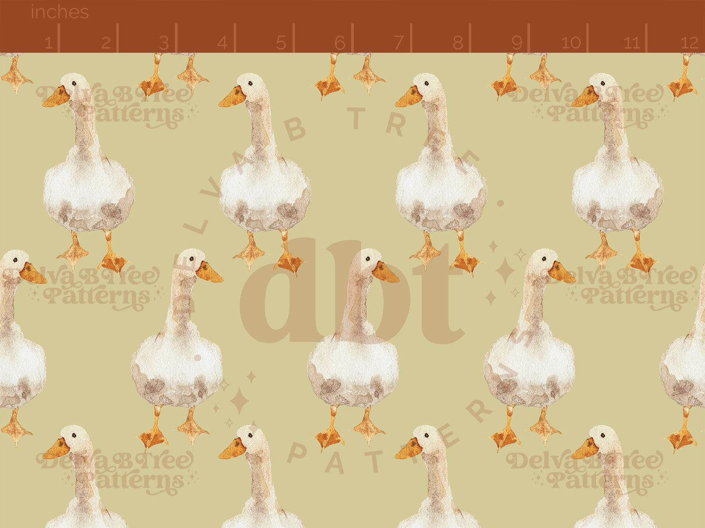Watercolor goose on a dusty yellow pattern scale for small shops that make handmade products in small batches with spring farm animal digital files.