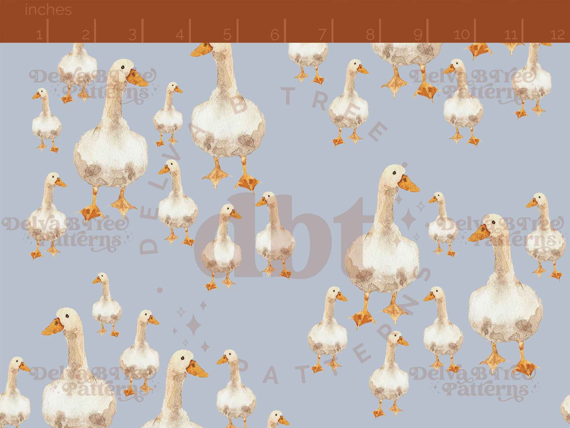 Watercolor goose on a pastel blue pattern scale for small shops that make handmade products in small batches with spring farm animal digital files.