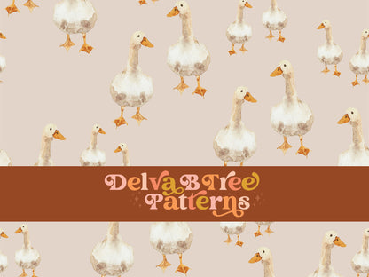 Watercolor geese on a muted tan background seamless file for fabric printing. Gender Neutral retro looking goose repeat pattern for textiles, polymailers, baby boy lovey blankets, nursery crib bedding, kids clothing, girls hair accessories, home decor accents, pet products.