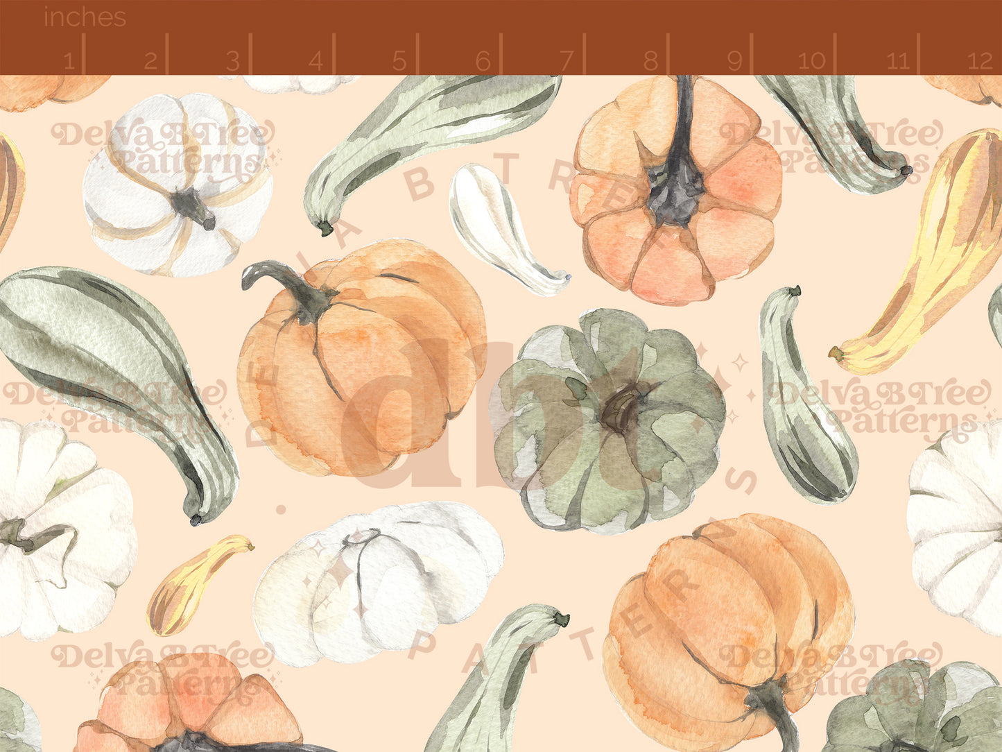 Tossed green, yellow, white and orange watercolor pumpkins and gourds on a pale light orange seamless pattern scale, digital file for small shops that make handmade products in small batches.