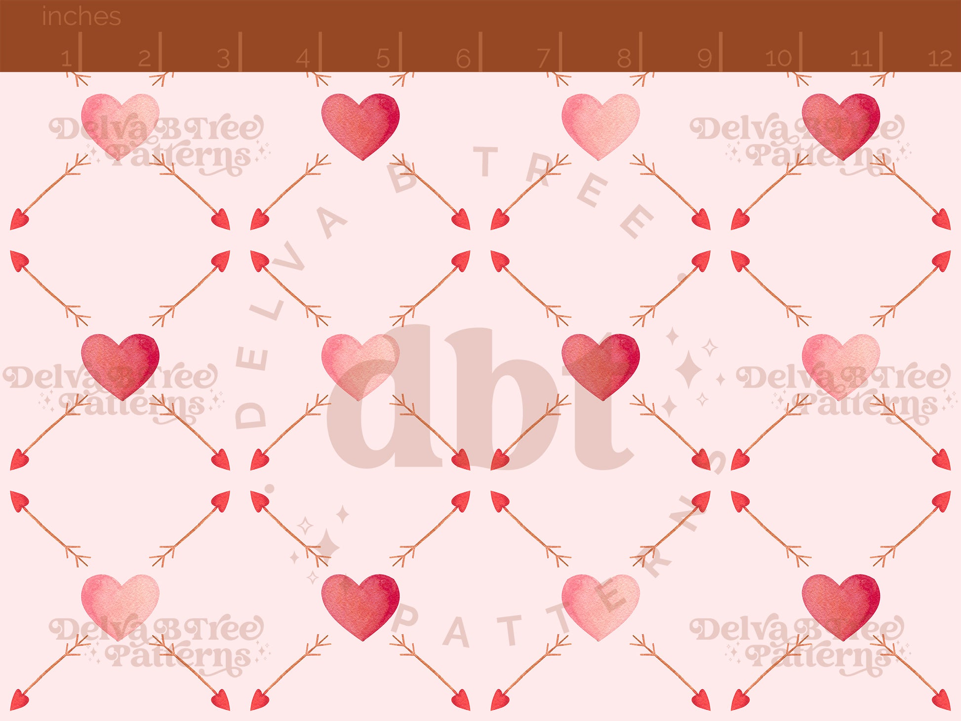 Watercolor pink hearts, red hearts and brown arrows on a pink seamless pattern scale, digital file for small shops that make handmade products in small batches.