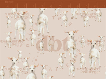 Watercolor baby sheep on a muted tan background seamless pattern scale for small shops that make handmade products in small batches with spring farm animal digital files.