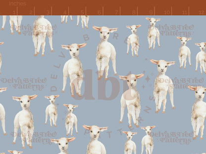 Watercolor baby sheep on a cadet blue background seamless pattern scale for small shops that make handmade products in small batches with spring farm animal digital files.