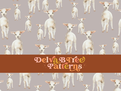 Watercolor lambs on a gray background seamless file for fabric printing. Gender Neutral retro look Baby Sheep Repeat Pattern for textiles, polymailers, baby boy lovey blankets, nursery crib bedding, kids clothing, girls hair accessories, home decor accents, pet products.
