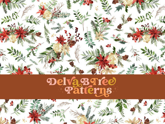 Tossed red watercolor poinsettias, off white flowers, pinecones, holly leaves, mistletoe and winter berries seamless file for fabric printing. Winter Floral Repeat Pattern for textiles, polymailers, baby boy lovey blankets, nursery crib bedding, kids clothing, girls hair accessories, home decor accents, pet products.