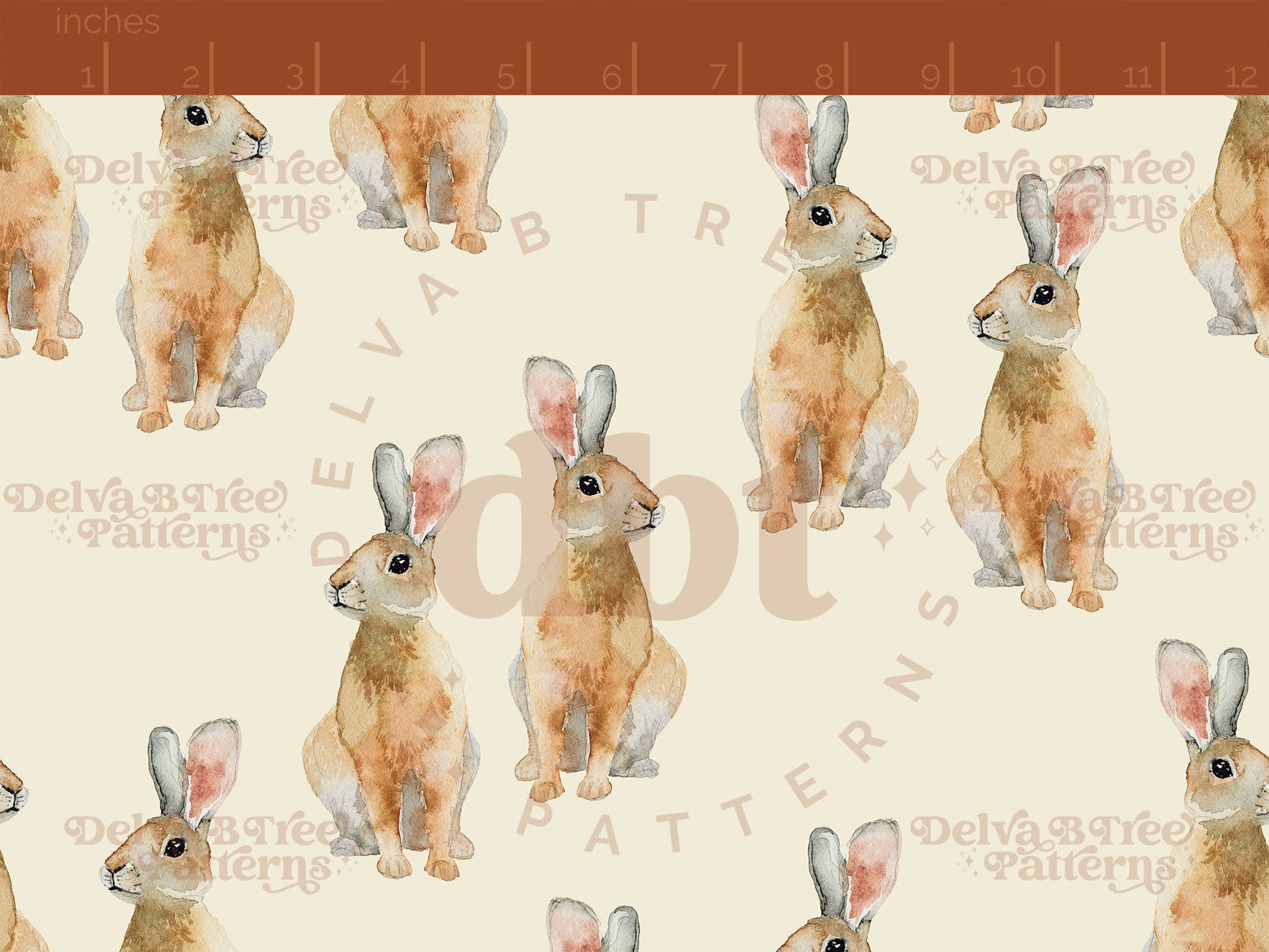 Watercolor bunnies on an antique white background seamless pattern scale digital file for small shops that make handmade products in small batches.