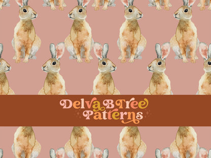 Watercolor bunny rabbits on a dusty rose background seamless file for fabric printing. Retro look earth tone Bunnies Repeat Pattern for textiles, polymailers, baby girl lovey blankets, nursery crib bedding, kids clothing, girls hair accessories, home decor accents, pet products.