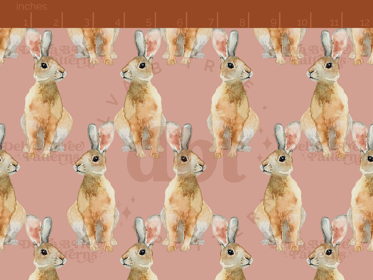 Watercolor bunnies on a dusty rose background seamless pattern scale digital file for small shops that make handmade products in small batches.
