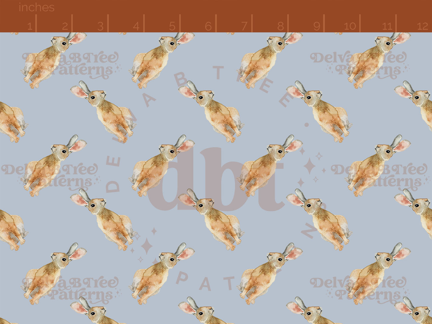 Watercolor bunnies on a pastel blue background seamless pattern scale digital file for small shops that make handmade products in small batches.
