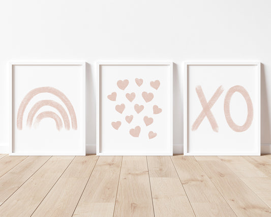 Blush Pink Rainbow Hearts and XO Printable Wall Art Set of 3, Digital Download