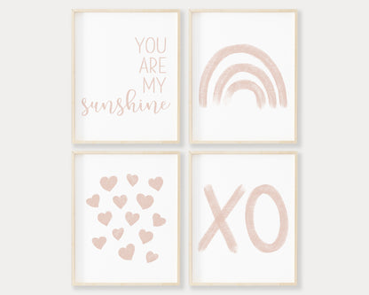 Blush pink You Are My Sunshine, Rainbow, Hearts and XO in chalky brushstroke illlustration style perfect for Baby Nursery Décor, Little Boys Bedroom Wall Art, Toddler Girls Room Wall Hangings, Kiddos Bathroom Wall Art and Childrens Playroom Décor.