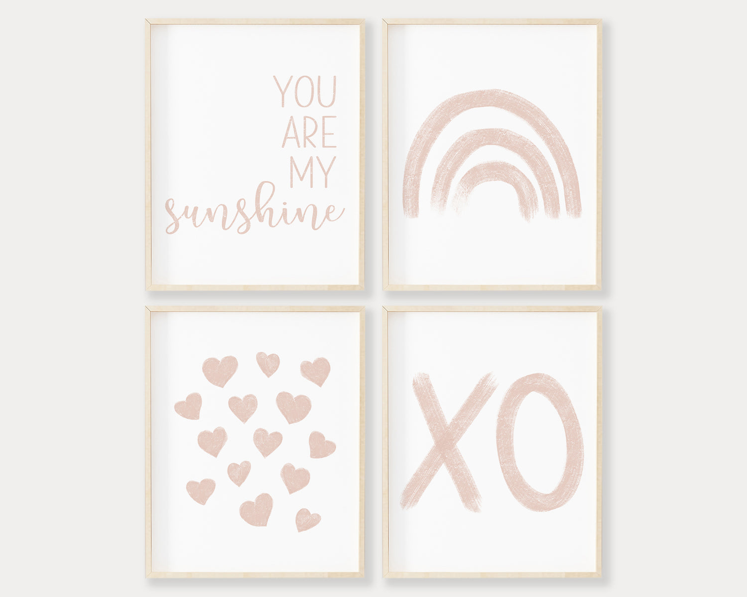 Blush pink You Are My Sunshine, Rainbow, Hearts and XO in chalky brushstroke illlustration style perfect for Baby Nursery Décor, Little Boys Bedroom Wall Art, Toddler Girls Room Wall Hangings, Kiddos Bathroom Wall Art and Childrens Playroom Décor.