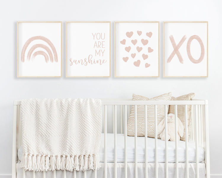 Blush pink Rainbow, You Are My Sunshine, Hearts and XO in chalky brushstroke illlustration style perfect for Baby Nursery Décor, Little Boys Bedroom Wall Art, Toddler Girls Room Wall Hangings, Kiddos Bathroom Wall Art and Childrens Playroom Décor.