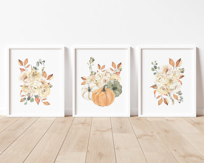 Fall Floral Pumpkin Printable Wall Art Set of 3, Digital Download