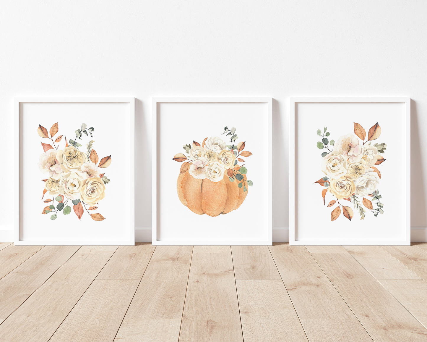 Watercolor Fall Floral Pumpkin Printable Wall Art Set of 3, Digital Download