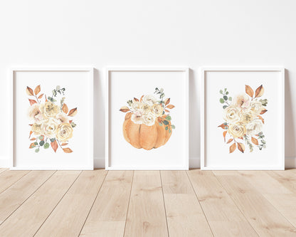 Watercolor Fall Floral Pumpkin Printable Wall Art Set of 3, Digital Download