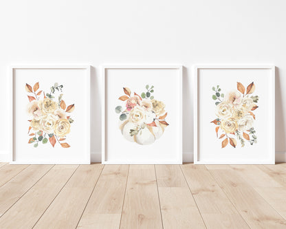 White Floral Pumpkin Printable Wall Art Set of 3, Digital Download