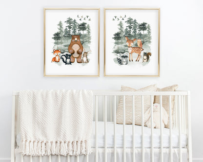 Forest Animals Watercolor Set of 2 Printable Wall Art, Digital Download