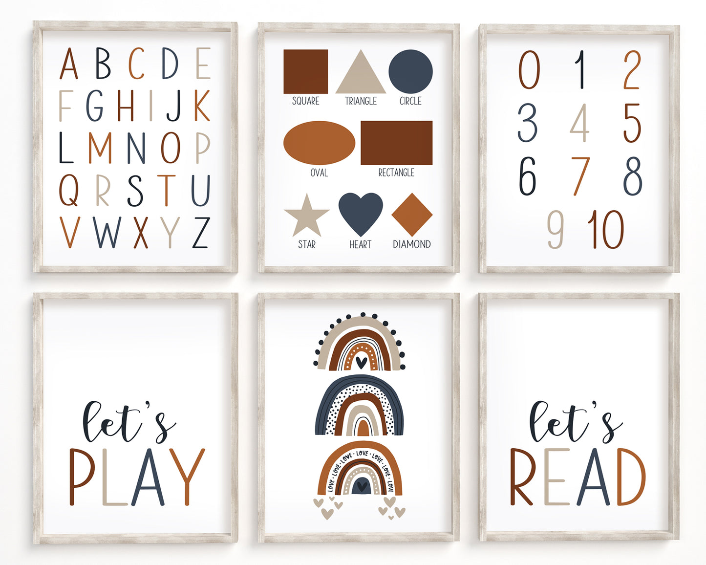 Navy Blue Alphabet Numbers and Shapes Printable Wall Art Set of 6, Digital Download